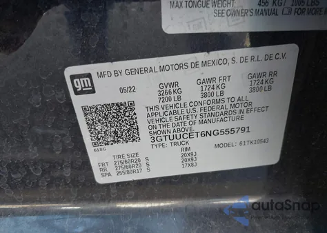 2022 GMC Sierra 1500 4Wd Short Box Elevation With 3Sb z USA, uszkodzony, nr VIN 3GTUUCET6NG555791